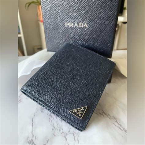 prada vitello trifold wallet navy|Prada Vitello Micro Grain Navy Blue Leather Triangle Logo Bifold.